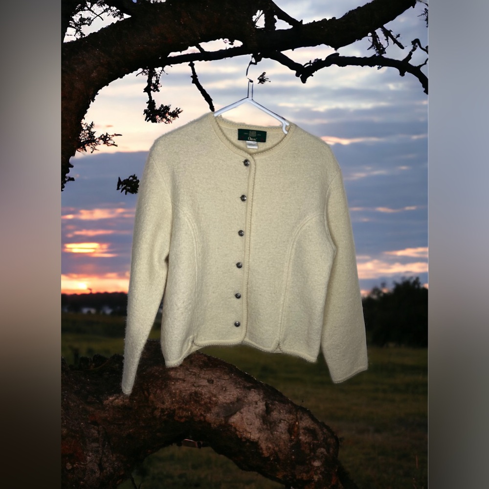 Vintage Orvis Womens Ivory 100% Wool Sweater Jacket Metal Buttons Size 8
